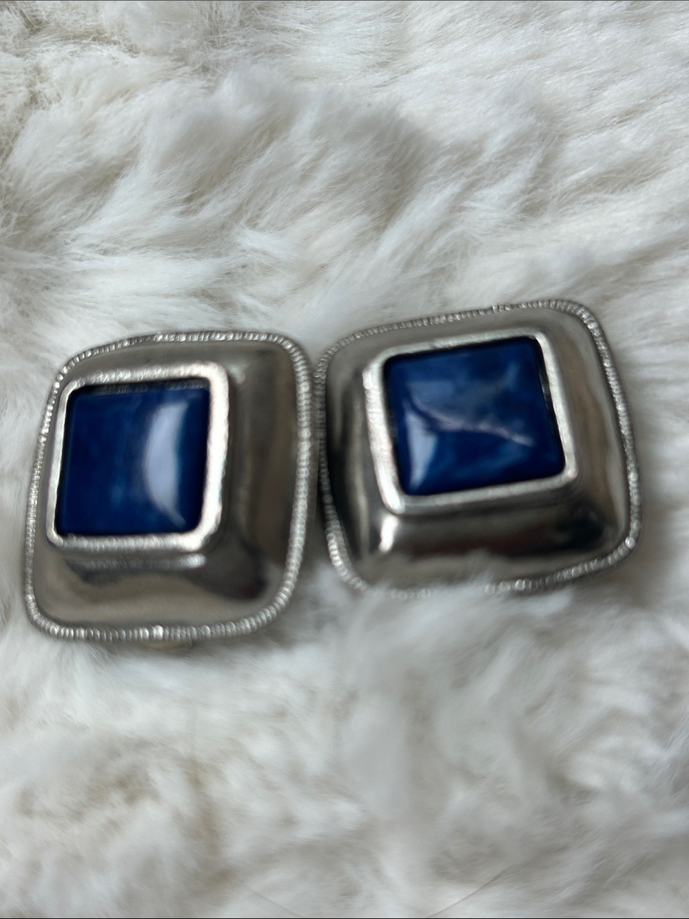 Square Blue Stone Silver-Tone Clip Earrings